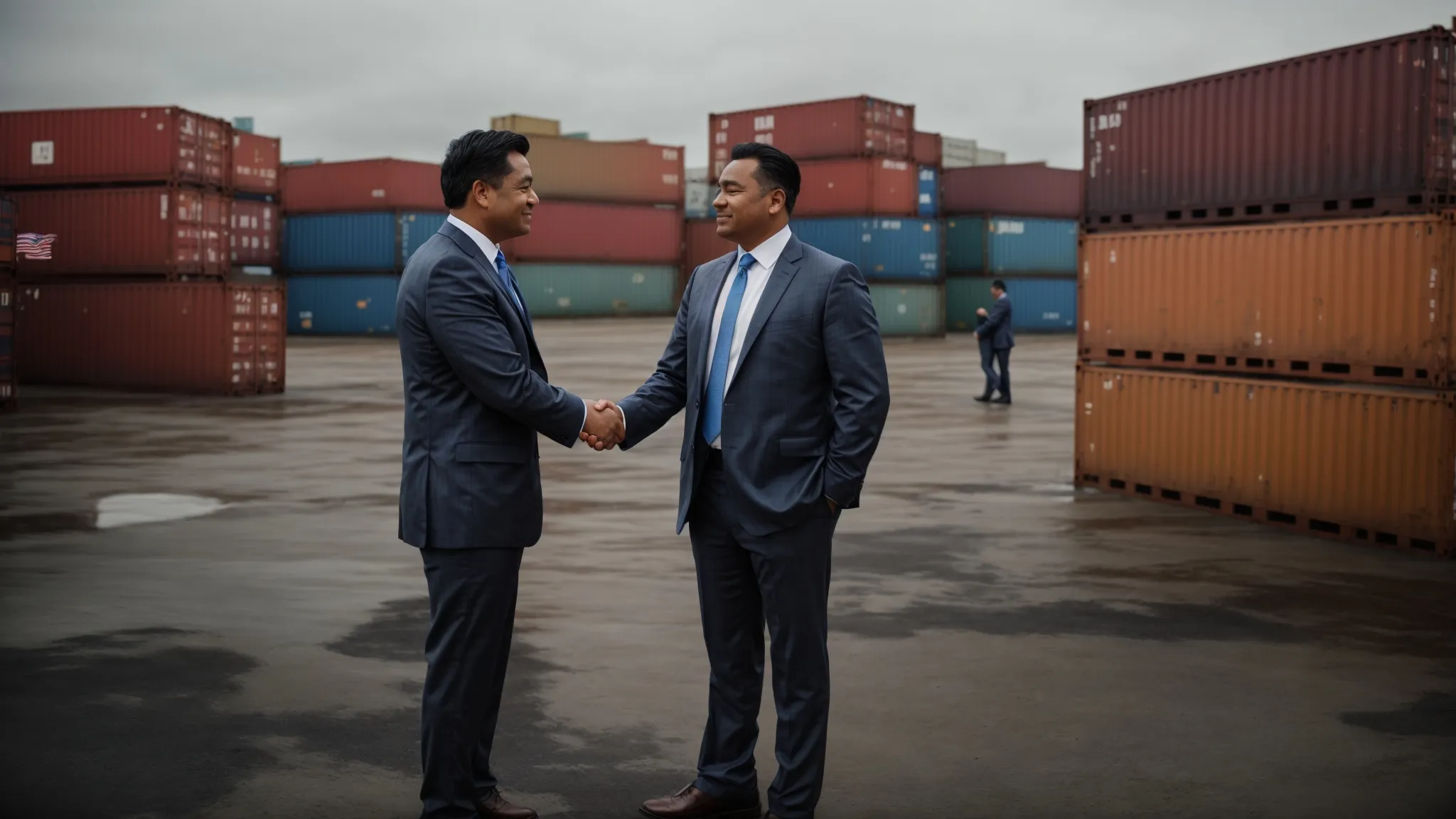 two business professionals shaking hands at a shipping yard with stacks of large containers in the background.