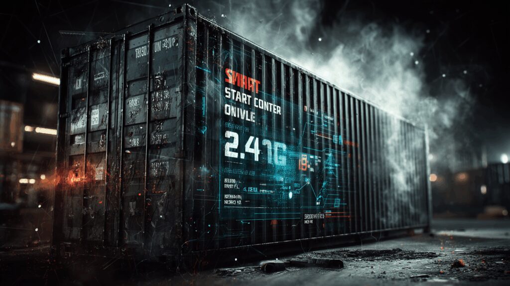 A smart shipping container being loaded in a U.S. yard with a digital screen showing live tracking and cargo data, alongside nearby containers labeled ‘Eco Coating’ and ‘Domestic Origin’ in a fast-paced, realistic logistics setting.