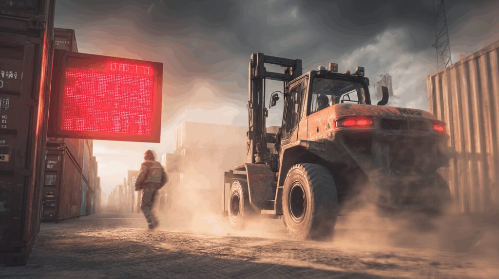 A shipping container buyer moves quickly to secure inventory in a U.S. yard as a digital board flashes ‘Tariff Hike Alert’ and ‘Limited Supply,’ with a forklift in motion and visible urgency in a realistic photo setting.