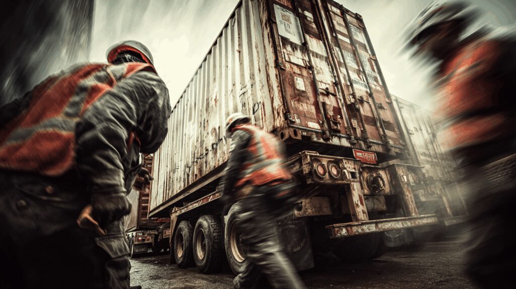 Forklifts loading multiple container types in a U.S. yard—reefer, flat rack, high cube, and standard—marked with signs reading ‘In Demand’ and ‘Last Units,’ conveying urgency in a realistic, fast-paced logistics scene.