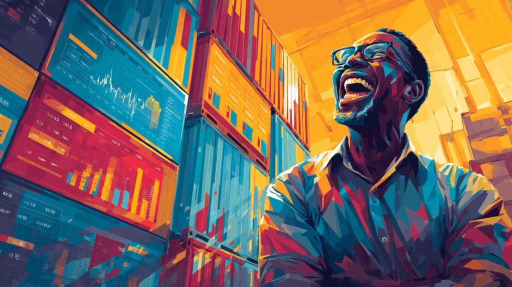 A small business owner standing confidently beside a container retail unit, while in the background a news board shows shipping industry challenges like tariffs, steel prices, and port delays in a realistic expressive setting.