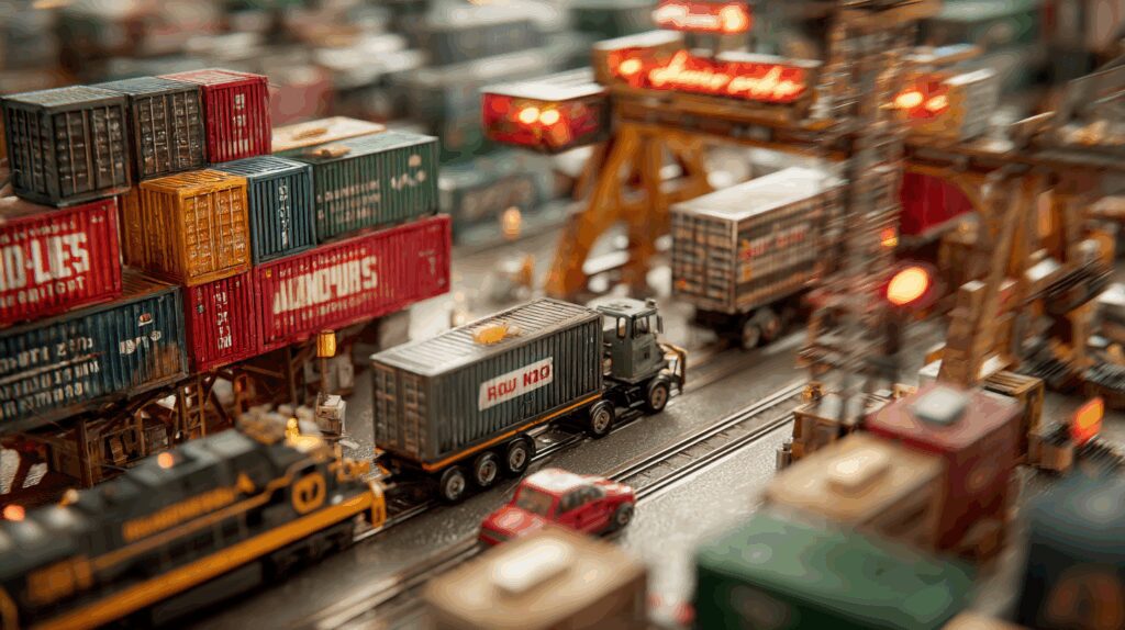 Shipping containers being loaded onto trucks and trains in a busy U.S. container yard with ‘For Sale’ and ‘Available Now’ signage, captured in a realistic, action-focused setting.