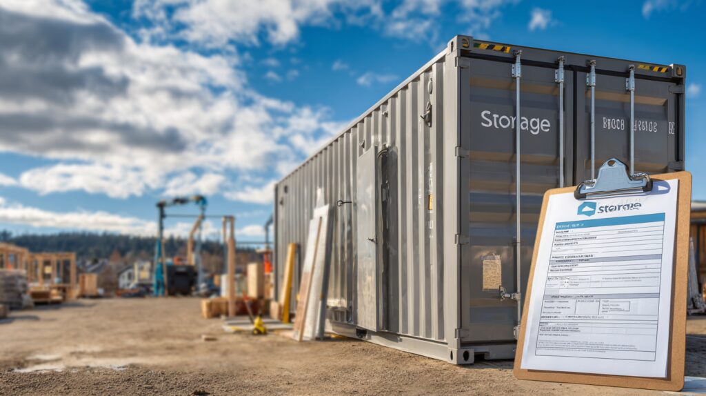 contractor reviewing Section 179 tax form in front of job site shipping container.