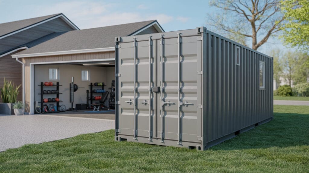 shipping container storage for garage conversion