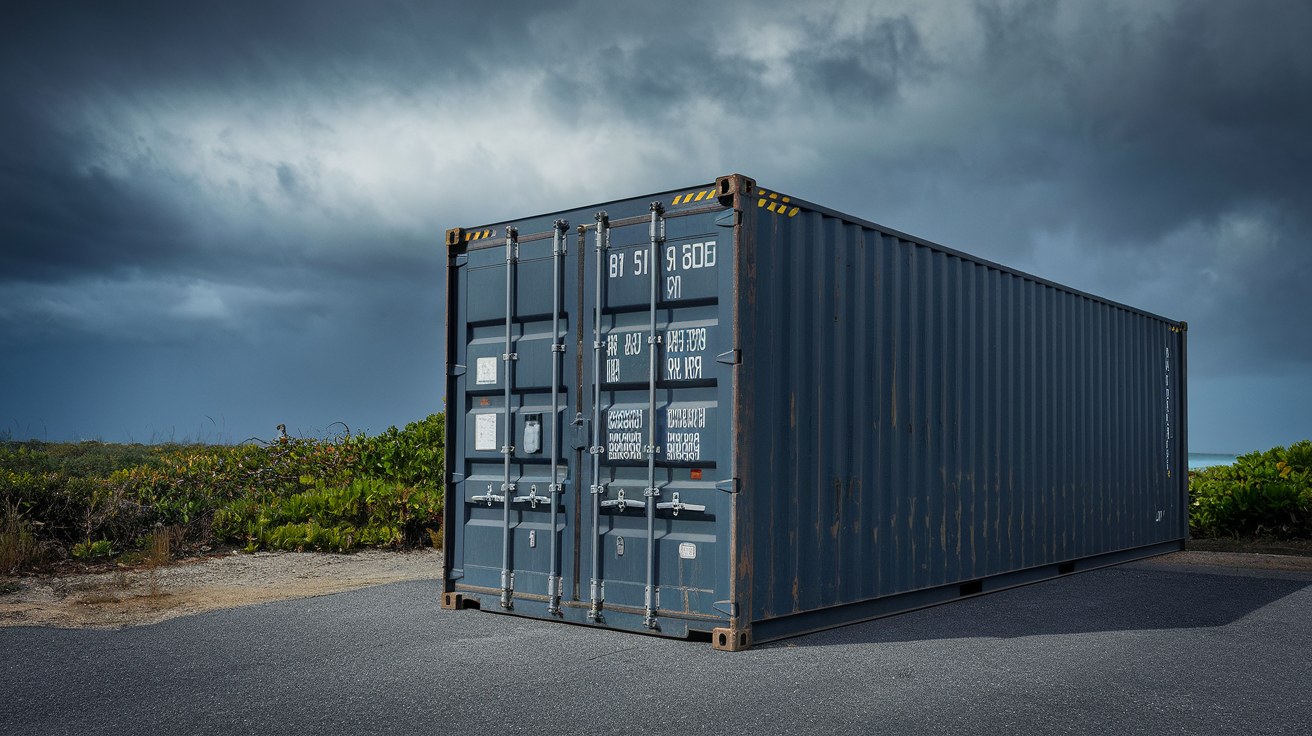 Anchored 40-foot steel shipping container sited on a compacted gravel pad in a coastal Northeast yard with overcast pre-storm sky, illustrating wind-rated emergency storage ahead of the 2026 Atlantic hurricane season.