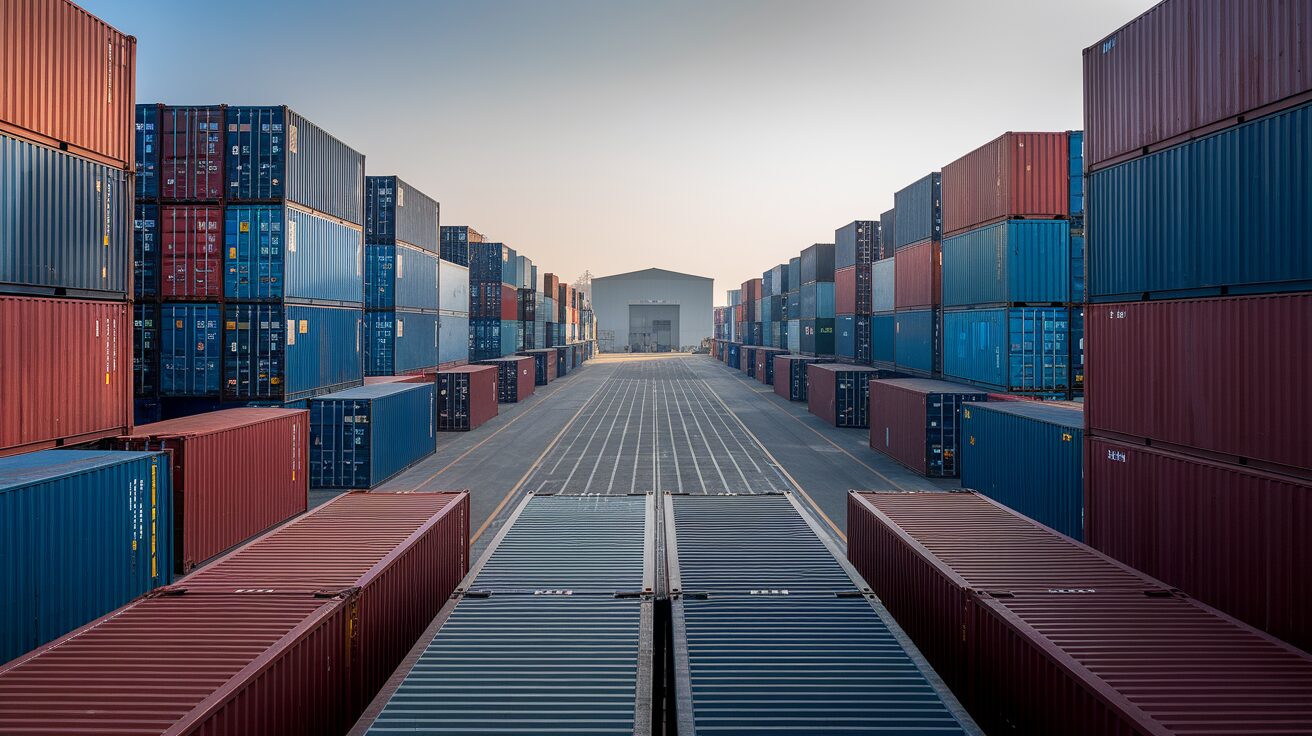 Wide editorial photograph of a Chinese container manufacturing yard with rows of brand-new steel shipping containers stacked under industrial lighting, representing the manufacturers named in the DOJ price-fixing indictment.