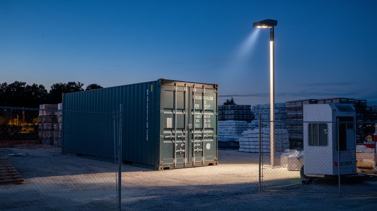 Construction site at dusk with a 20-foot shipping container in clear line of sight of the crew trailer and a motion light, illustrating the visibility principle for jobsite theft prevention.