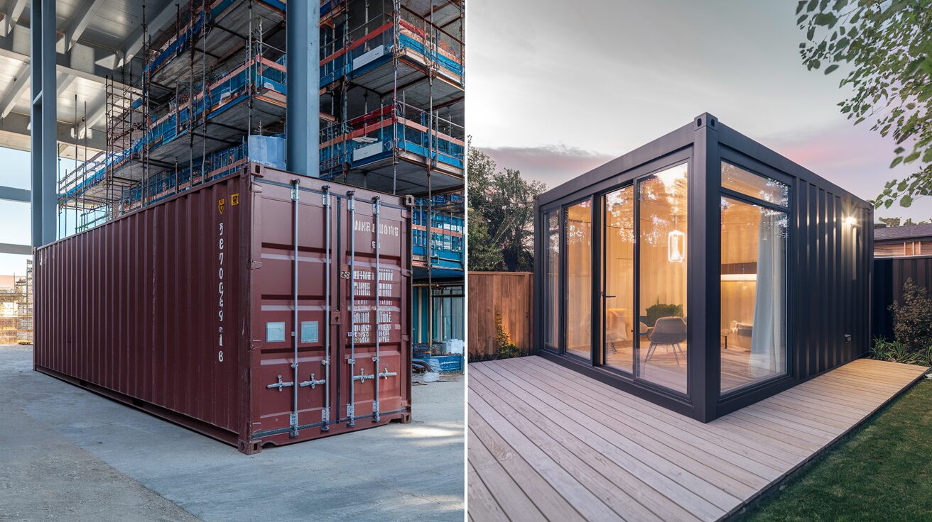 Side-by-side photo of a shipping container used for construction storage and another modified into a small home or office, illustrating container use cases in 2026.