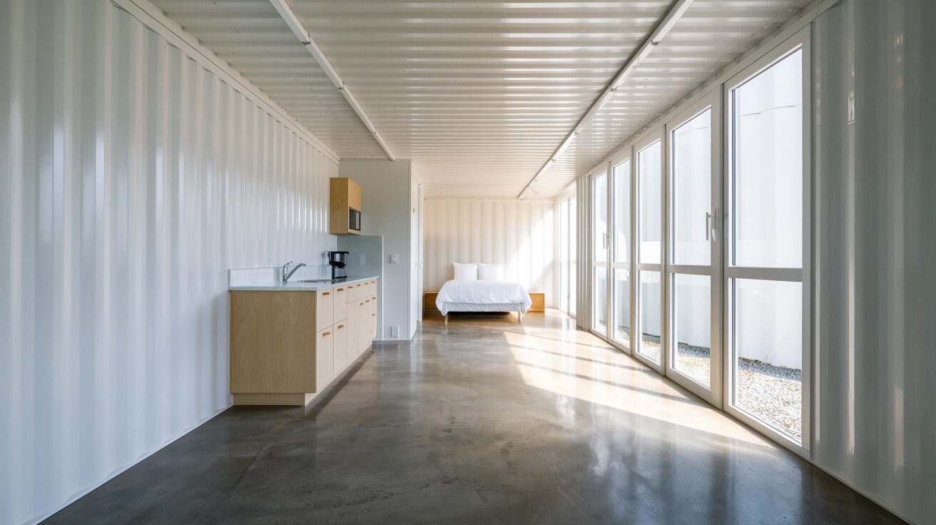 Interior view of a finished modified shipping container accessory dwelling unit, showing a kitchenette, sleeping area, and large windows in a single open studio layout, illustrating the finished product that 2026 Northeast container ADU buyers can expect.