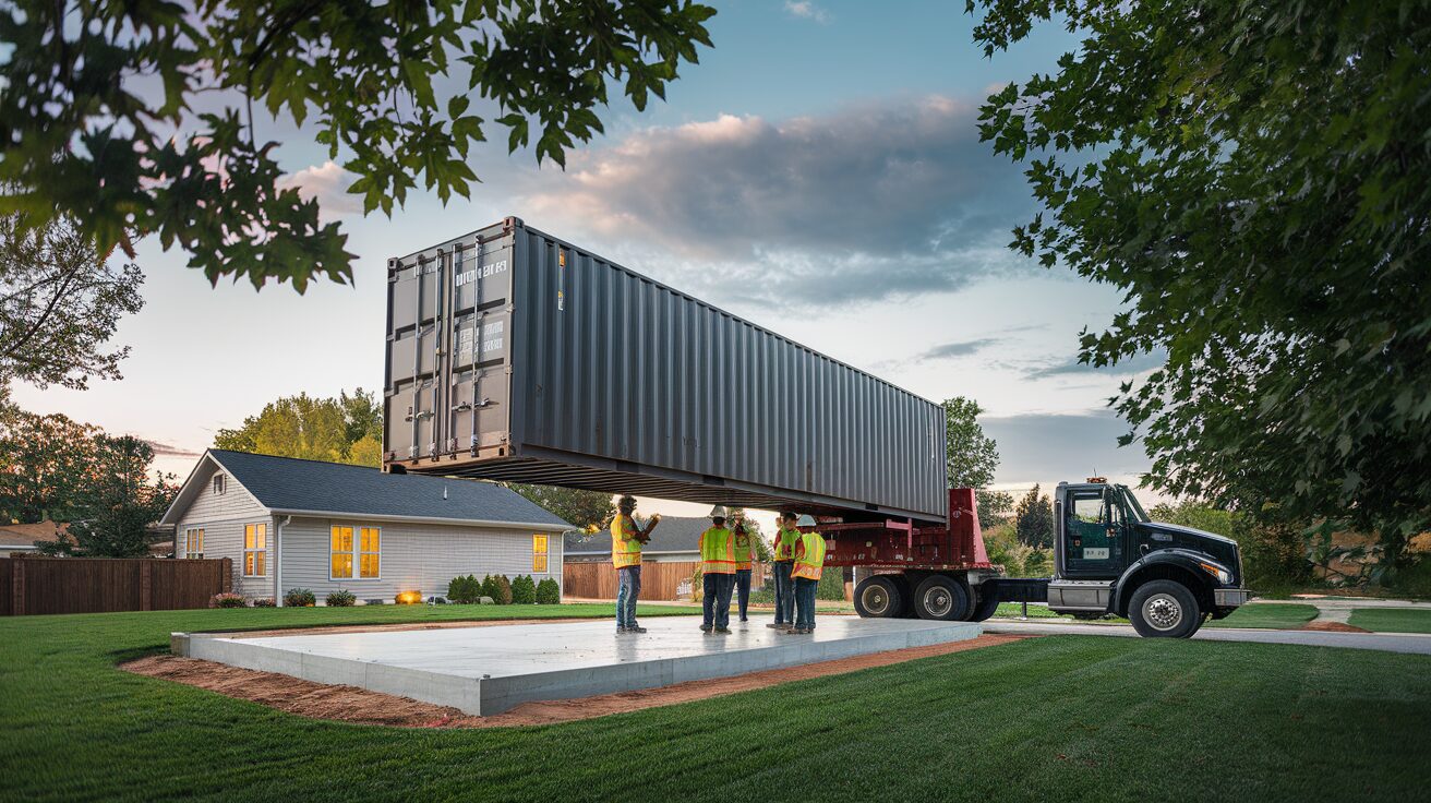Photograph of a 40-foot shipping container being lowered from a tilt-bed truck onto a prepared concrete foundation in a suburban Northeast backyard, illustrating the delivery step of a container accessory dwelling unit build.
