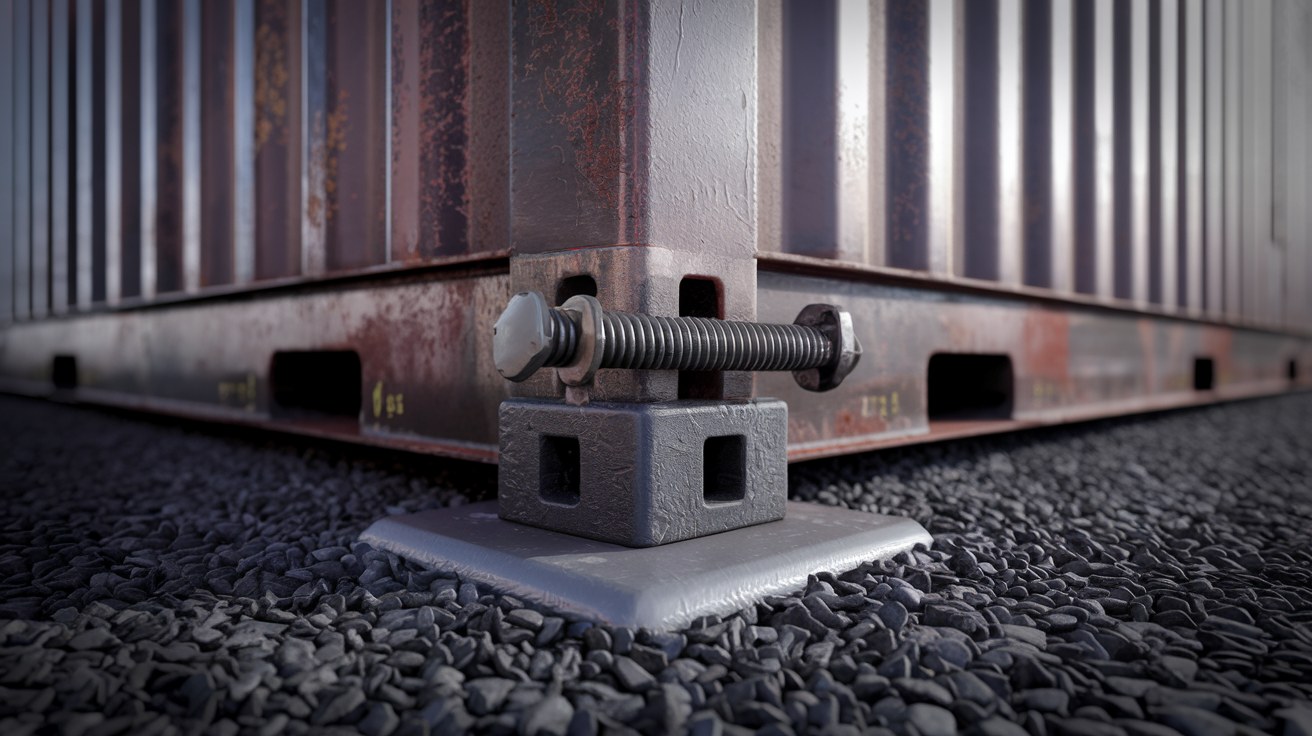 Close-up of a shipping container corner casting fitted with an auger ground anchor and turnbuckle on a level gravel pad, showing the anchoring detail used to keep storage containers in place through hurricane-force winds.
