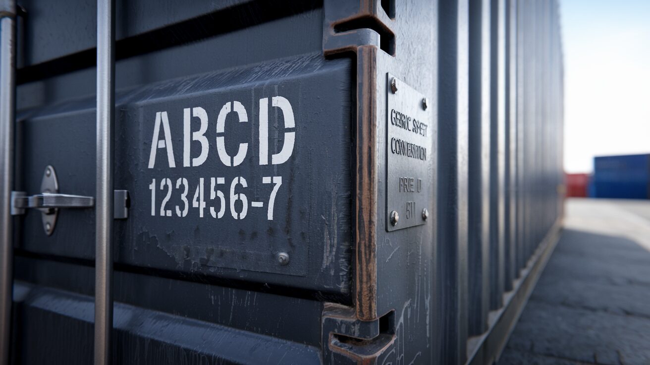 Close-up photograph of a shipping container identification stencil and CSC plate, showing the unique container ID and certification details that buyers can verify before purchase.