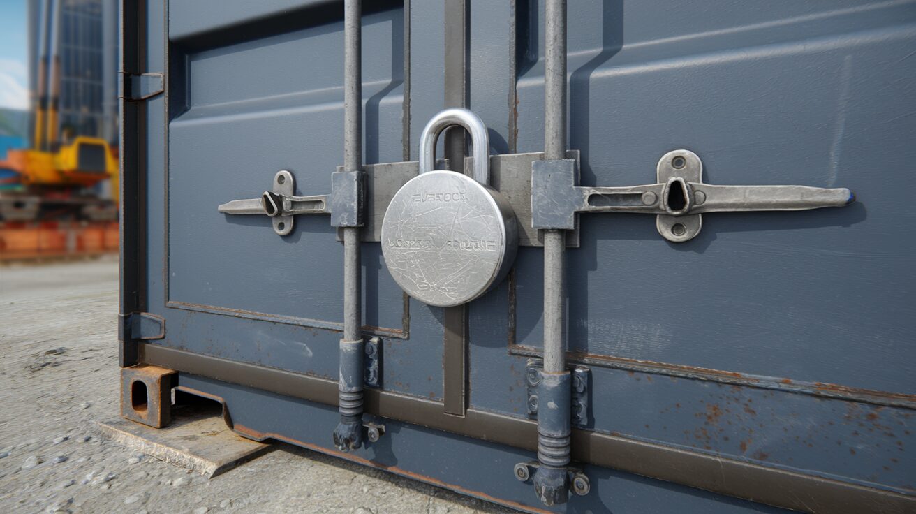 Steel shipping container on an active construction site with a heavy padlock and welded lockbox shield protecting the door rods, illustrating jobsite theft prevention.