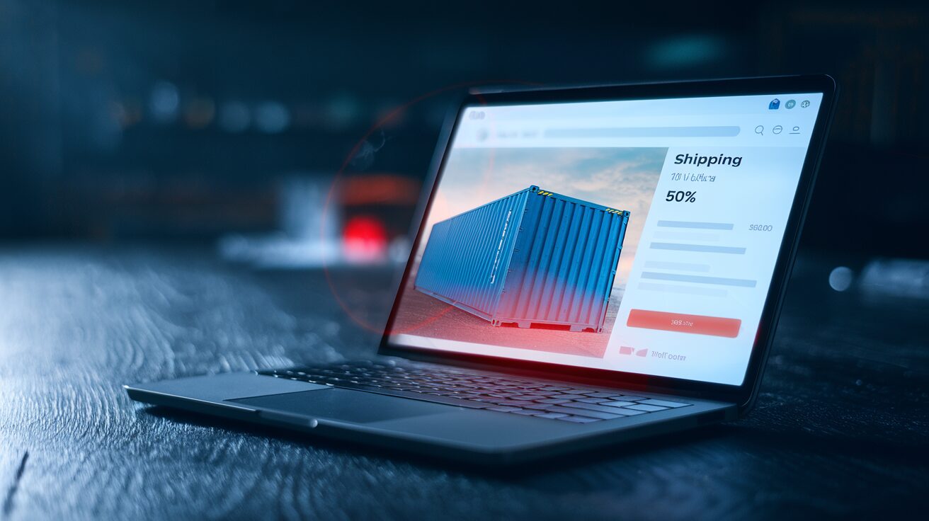 Warning composition representing fraudulent shipping container listings, with cautionary visual cues over a low-resolution online marketplace image of a shipping container.