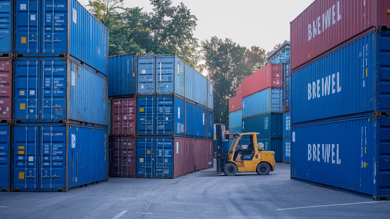Used 20-foot and 40-foot shipping containers staged in a U.S. dealer yard with a forklift visible, representing the used-inventory savings buyers should target in 2026.