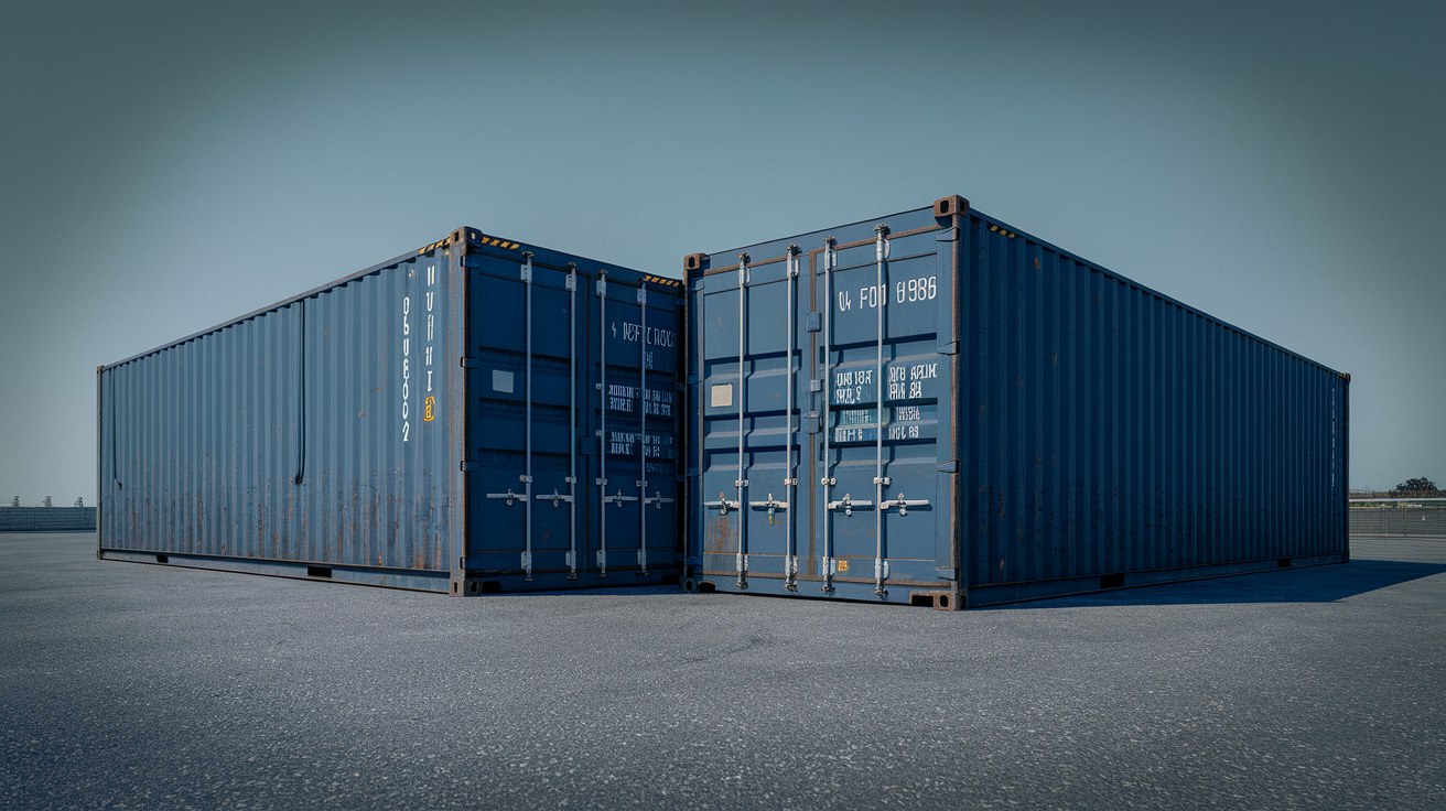 A 20-foot and a 40-foot steel shipping container positioned side by side in a delivery yard, showing the size difference that determines how much clearance a tilt-bed truck needs at the drop site.