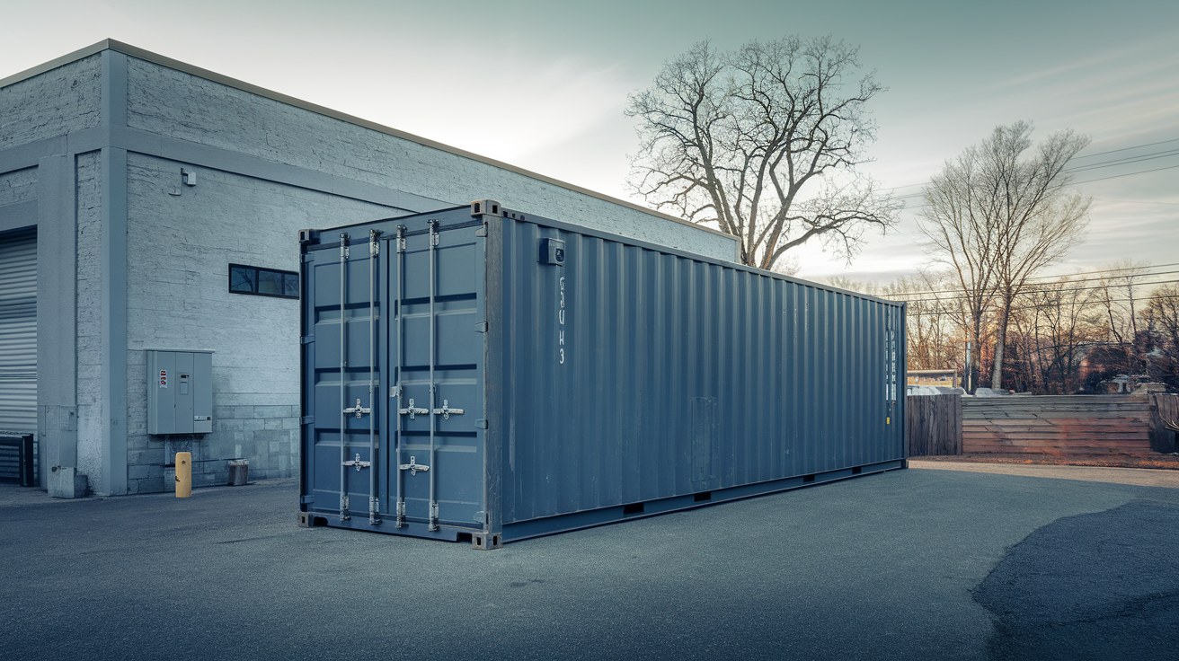 Exterior of an insulated shipping container farm installed on a gravel pad at a small Northeast farm site, with a building and bare trees in the background under overcast sky.