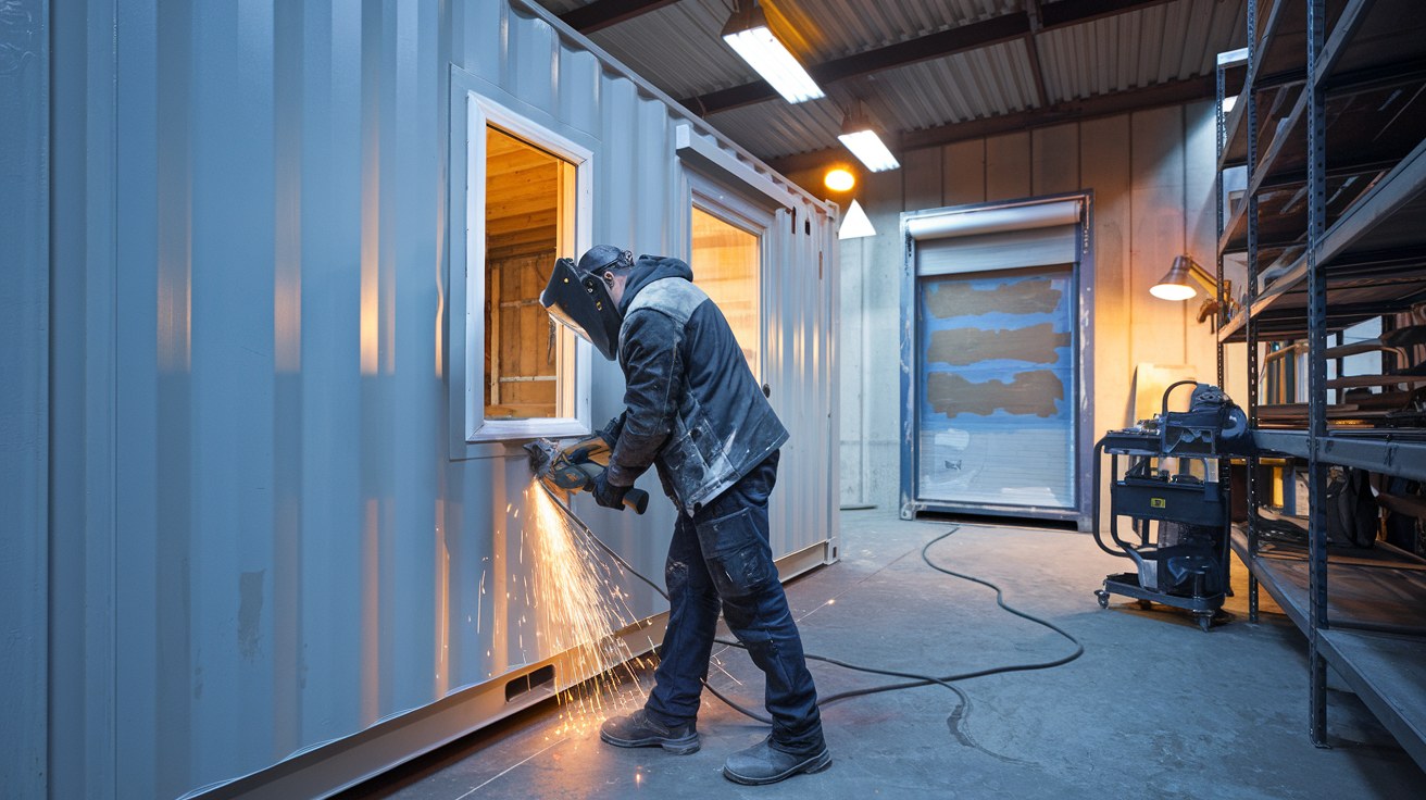 Fabricator cutting a serving window into the side wall of a shipping container inside a modification shop, illustrating the standard pop-up conversion package.