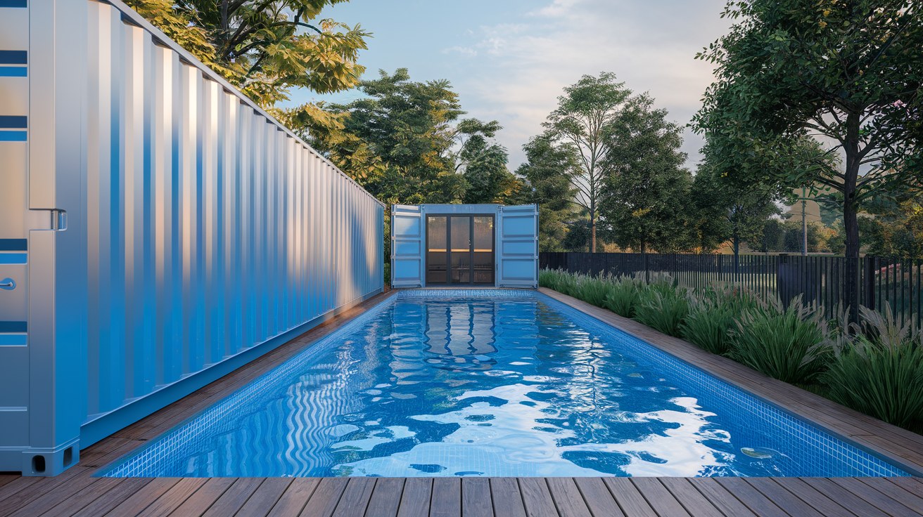 Finished 20-foot shipping container swimming pool installed beside a wooden deck in a residential backyard, showing the steel exterior and clear water on a sunny summer day.