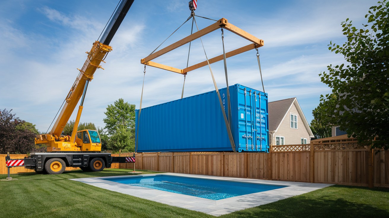 Crane lowering a steel shipping container pool over a fence into a residential backyard, illustrating the delivery and placement logistics for tight or sloped lots.