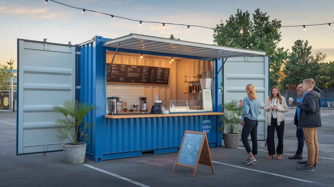A modern shipping container converted into a small retail pop-up or coffee shop with a serving window and customers outside, on an urban lot in daylight.