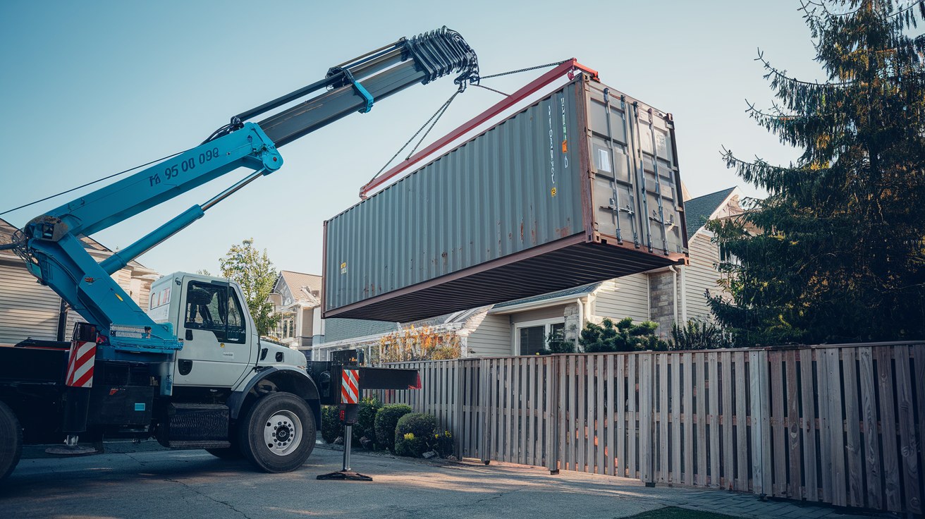 A boom truck crane lifting a steel shipping container over a fence onto a tight residential lot, illustrating how restricted site access forces a more expensive crane delivery instead of a standard tilt-bed drop.