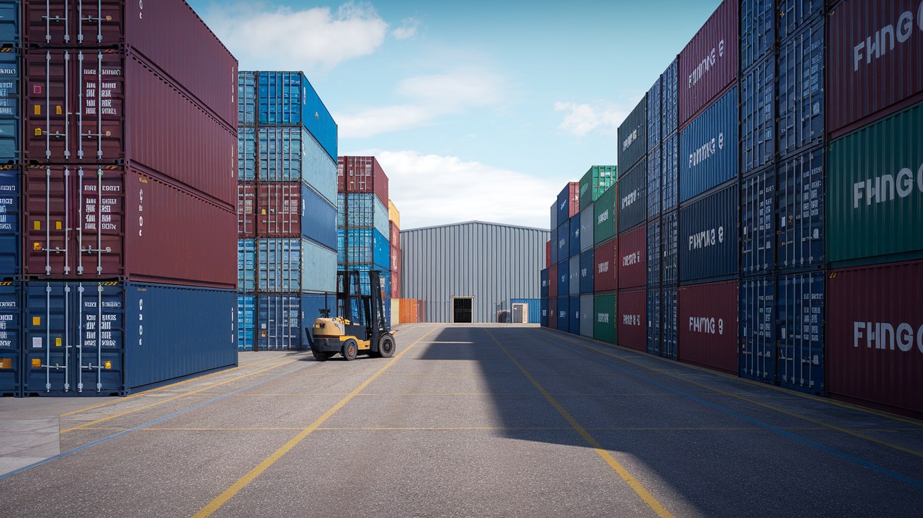 Rows of used 20-foot and 40-foot shipping containers stacked in a U.S. dealer yard, representing domestic inventory insulated from ocean freight and port-fee increases.