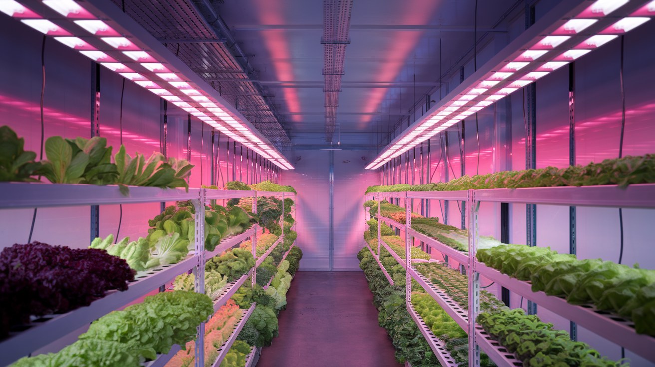 Interior of a shipping container converted into a hydroponic vertical farm, with rows of leafy greens growing under pink and white LED grow lights.
