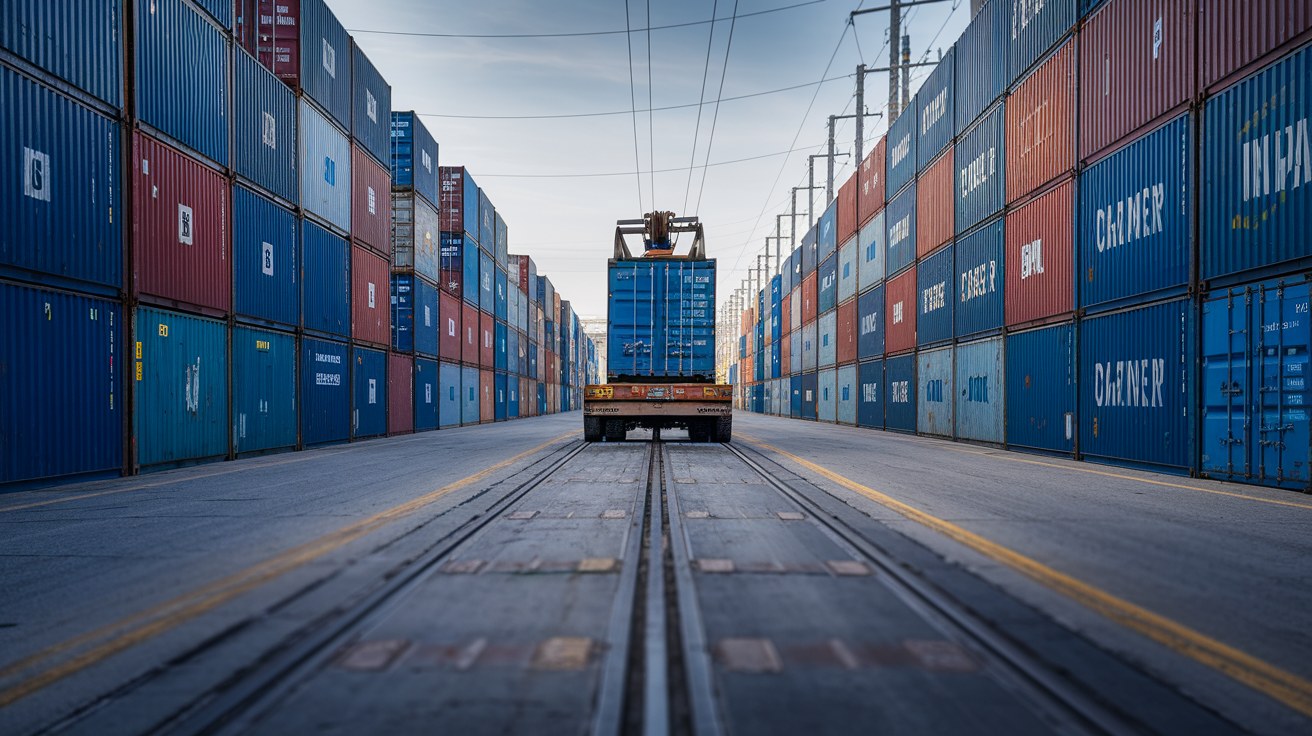 Editorial photograph of a Northeast U.S. shipping container yard with rows of stacked 20-foot used containers, illustrating the inland oversupply repositioning into the New York and New Jersey market in summer 2026.
