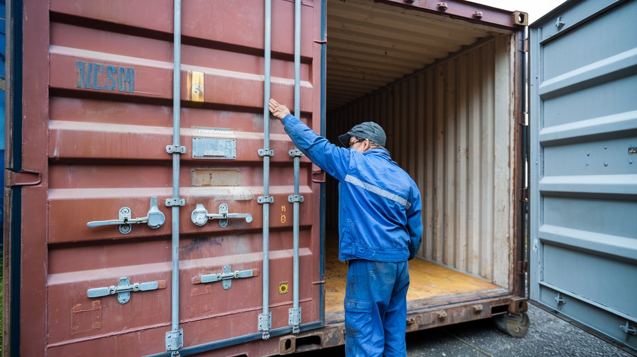A buyer inspecting the door gaskets and frame of a used shipping container in a yard, illustrating closer scrutiny of older secondhand inventory in 2026.