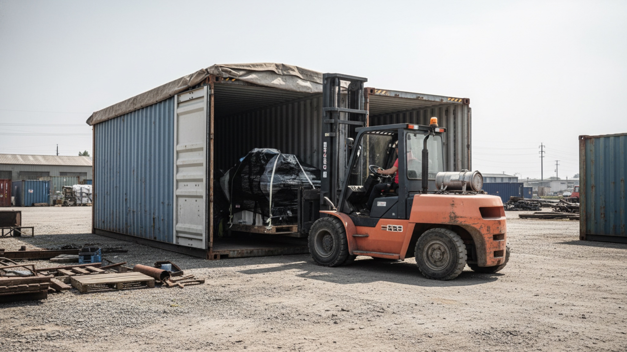 bulky cargo lowered into an open-top shipping container at a bustling industrial port.