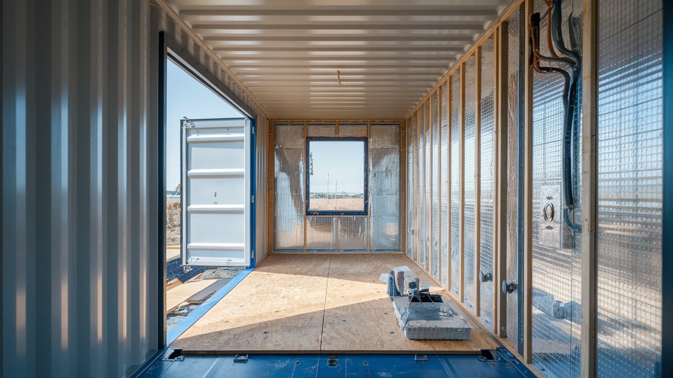 Interior of a shipping container mid-conversion, showing a framed wall opening for a window, insulation panels, and electrical rough-in with tools and materials visible.