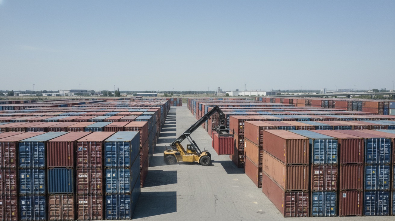 Shipping containers being unloaded from a cargo vessel at a U.S. port, representing tariff and trade policy impacts on container imports.