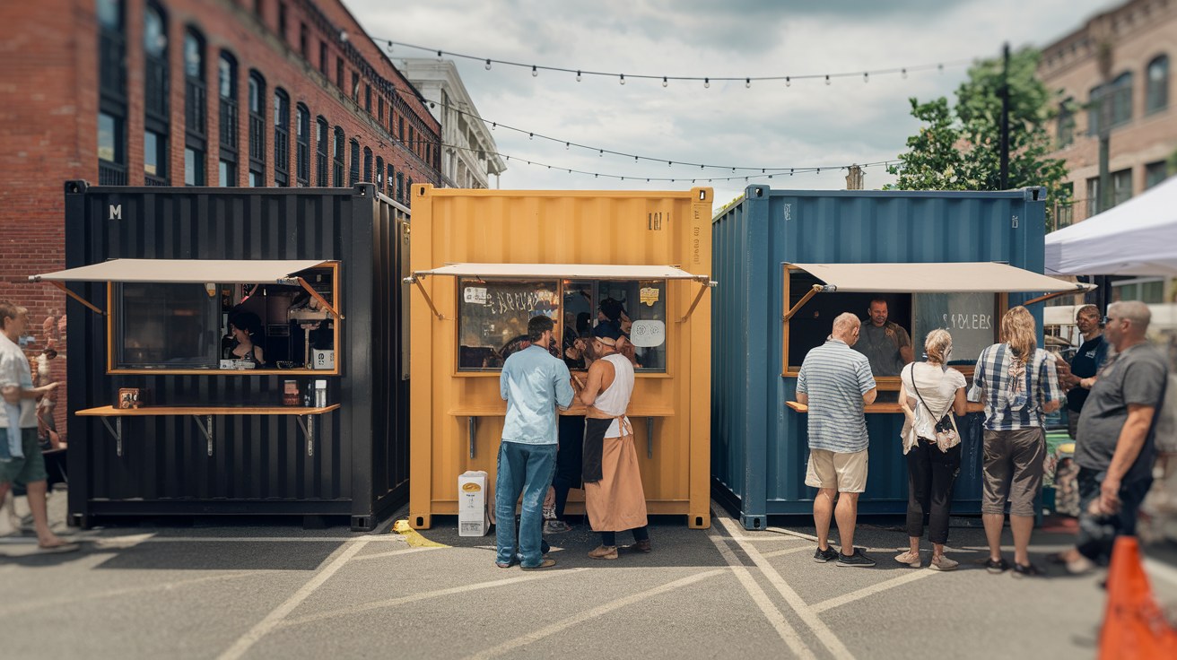 Row of modified shipping containers operating as pop-up retail and food stalls at a busy outdoor summer festival, illustrating container pop-up villages as event infrastructure.