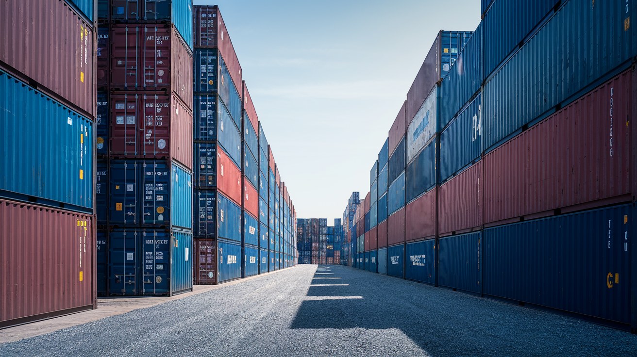 Rows of stacked shipping containers at a U.S. storage yard under clear daylight, illustrating the deep but tightening inventory behind firming 2026 container prices.