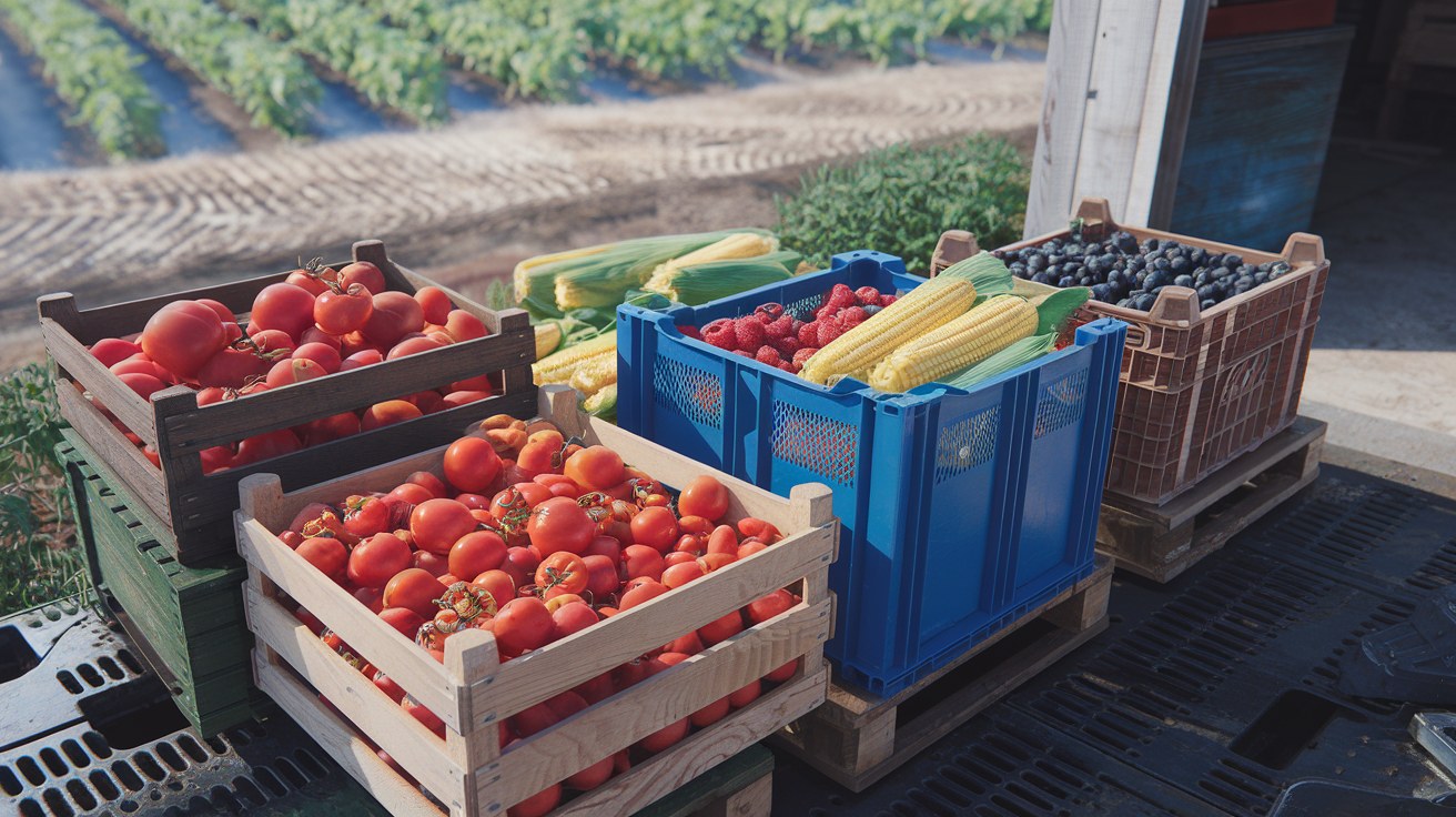 Crates of fresh summer produce staged on a farm under intense sunlight, illustrating the harvest-season pressure on Northeast cold storage capacity in 2026.