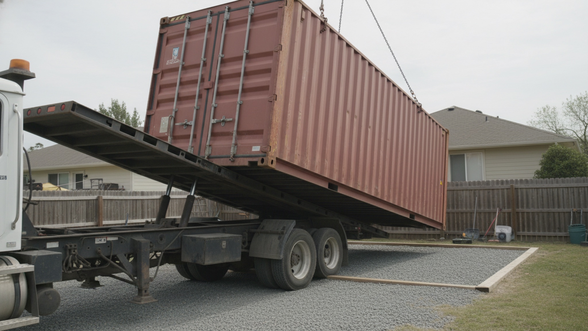 a tilt-bed delivery truck sets a shipping container onto a prepared site as workers guide it into place.