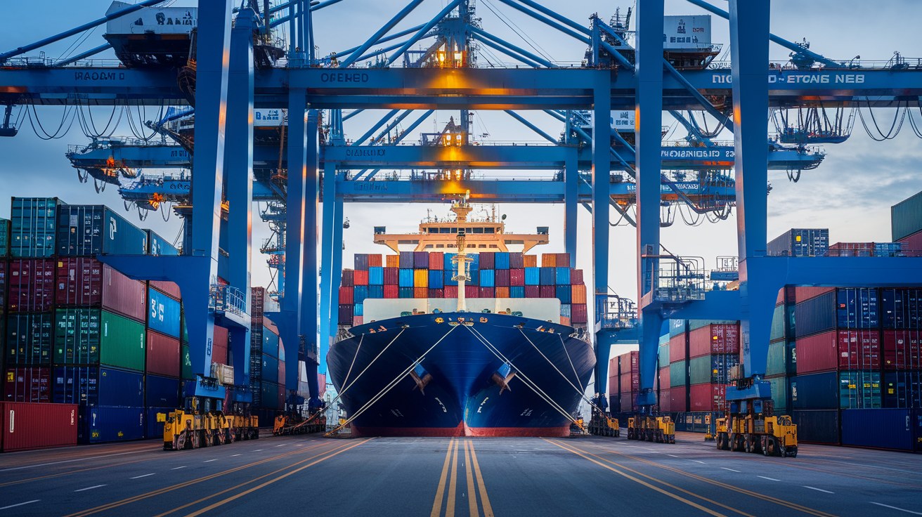 Container ship being loaded by gantry cranes at a busy port, illustrating the early 2026 peak-season ocean freight rate spike on transpacific lanes.