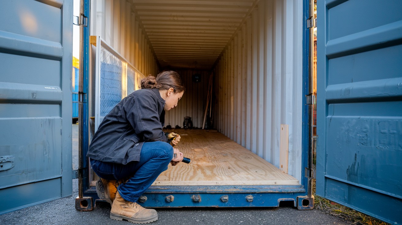 Close-up photograph of a buyer inspecting the interior floor and door seal of a used 20-foot shipping container, illustrating the inspection discipline that still applies even at soft-market pricing.