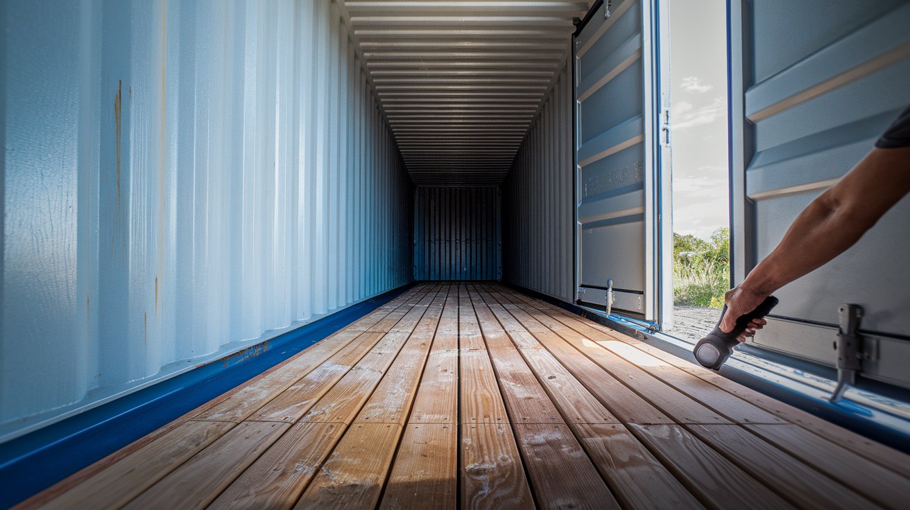 Close-up photograph of the interior floor and door frame of a used shipping container, showing marine plywood flooring and door gasket details that buyers should inspect before purchase.
