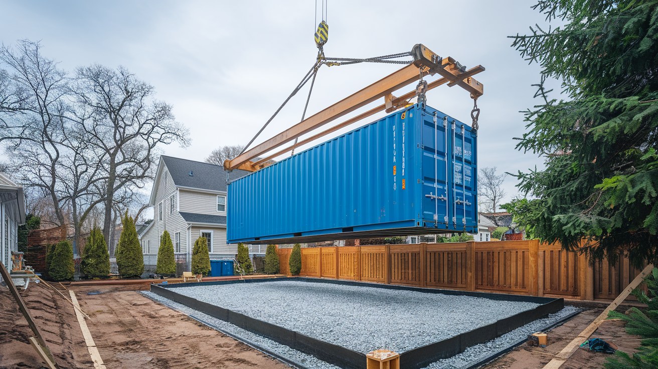 A shipping container accessory dwelling unit being positioned on a suburban Northeast lot, illustrating the delivery access and site considerations Northeast container ADU buyers should plan for.