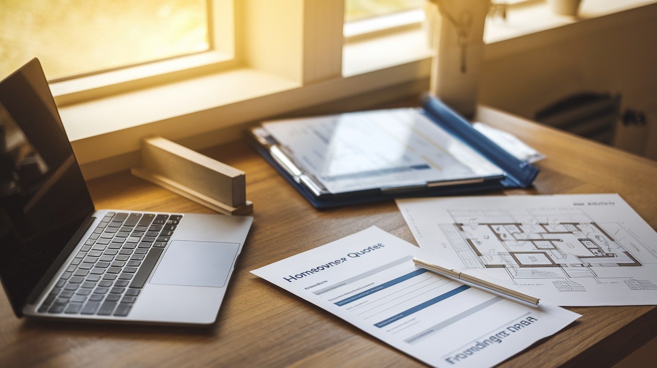 A homeowner reviewing container home insurance and permit documents at a desk, representing the documentation package lenders and insurers require for a container home in 2026.