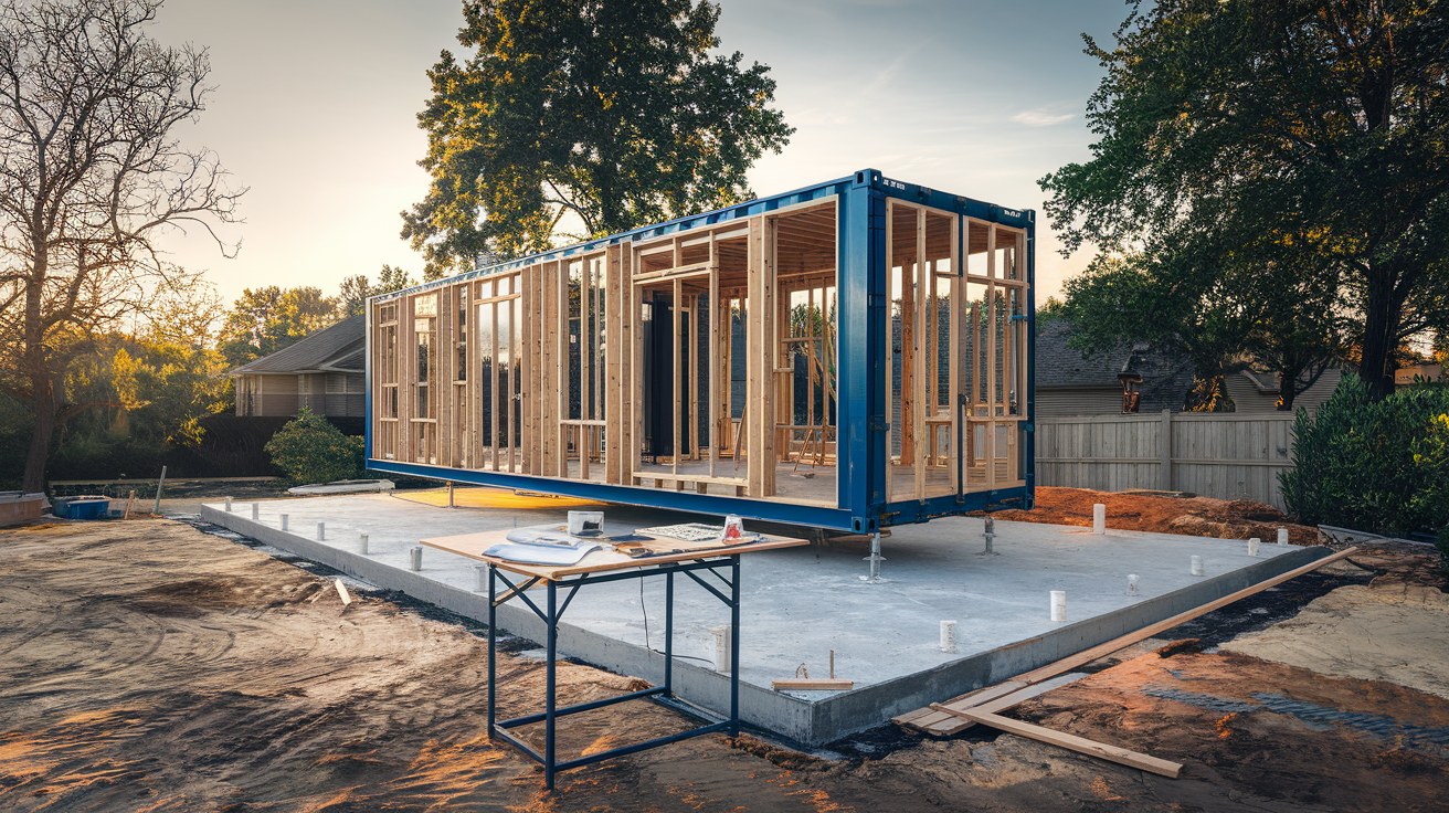 A finished shipping container home on a permanent foundation with full utility connections, the kind of code-compliant, permanently sited structure that lenders and insurers will approve in 2026.
