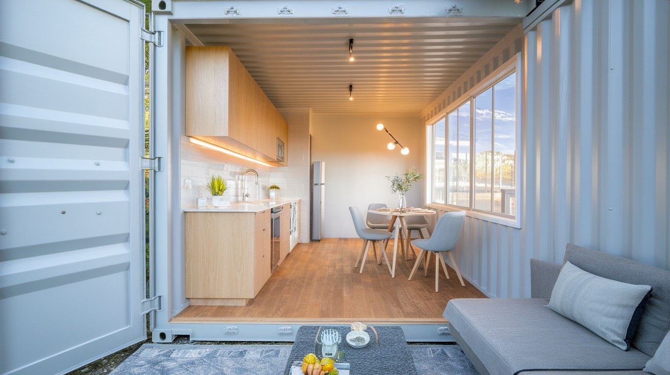 Bright, modern interior of a finished shipping container short-term rental studio with a compact kitchen, living area, and large windows, illustrating the rental-ready finish that drives container ADU income.