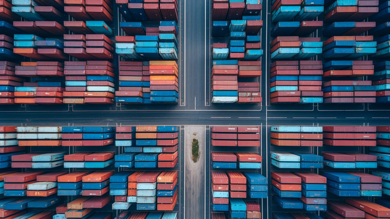 Aerial view of a coastal container depot with dense rows of stacked empty shipping containers filling every available lane, with limited open ground remaining.