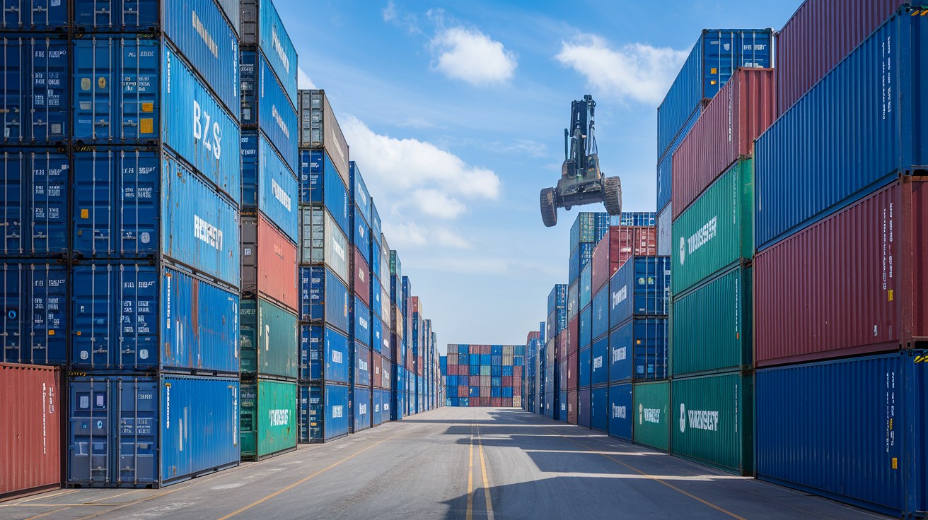 Stacks of empty shipping containers accumulating in a U.S. depot near a port, illustrating how a record import month feeds the domestic resale supply pipeline.