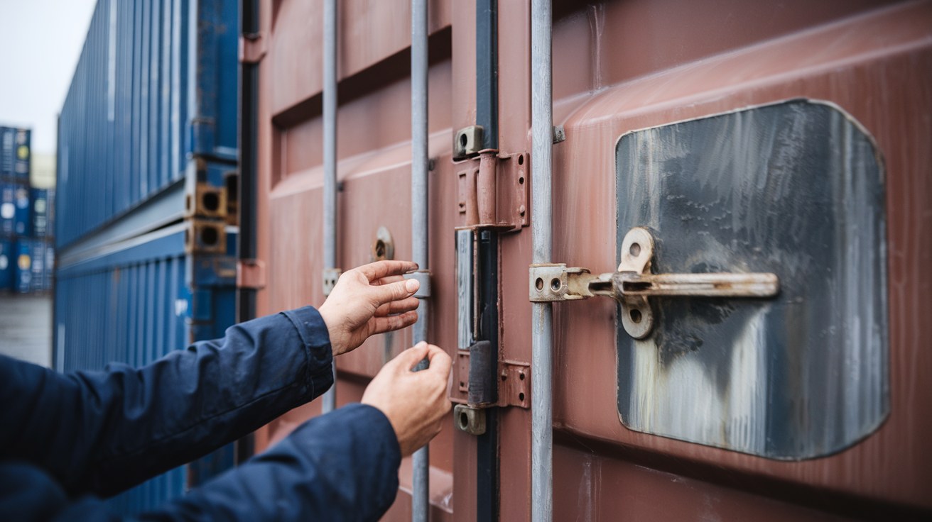 Close-up of a buyer inspecting the door gasket and locking rods on a used shipping container, with visible surface rust and repaired panel sections nearby.