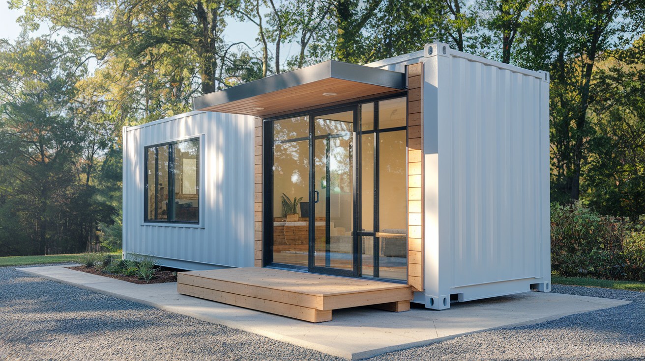A finished office or living space built from a clean one-trip shipping container, illustrating why insurers prefer one-trip units for container structures.