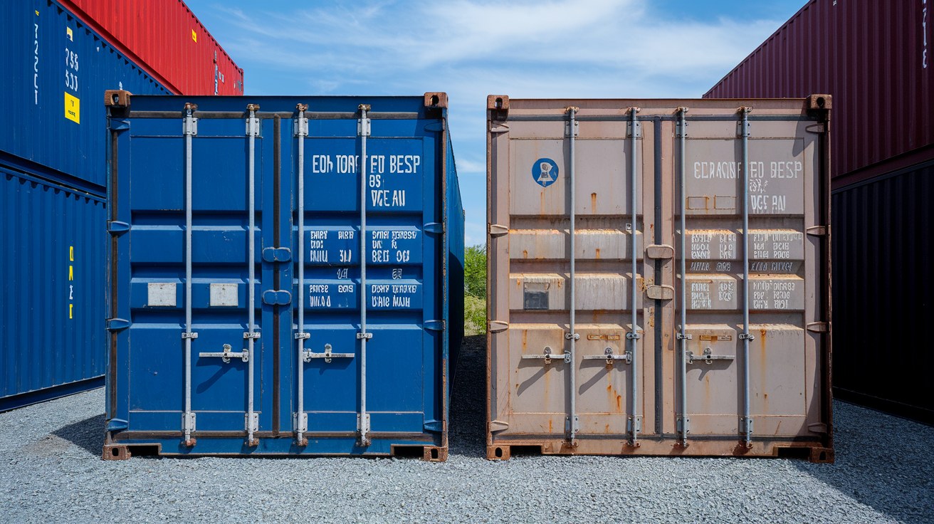 A side-by-side comparison of a pristine one-trip shipping container next to a weathered used container in a yard, illustrating the visible condition gap between grades.
