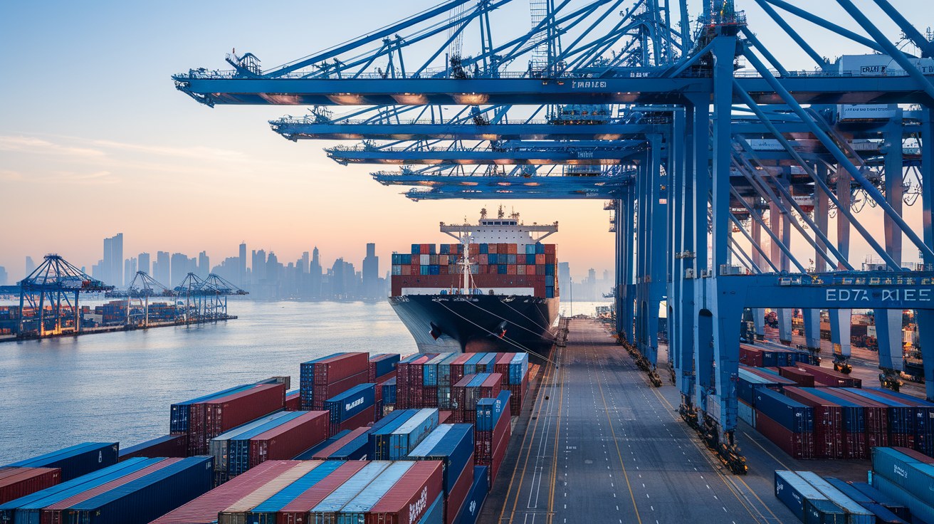 Container ship under gantry cranes at the Port of New York and New Jersey with dense container stacks, illustrating the Northeast's position at the front of the import supply chain.